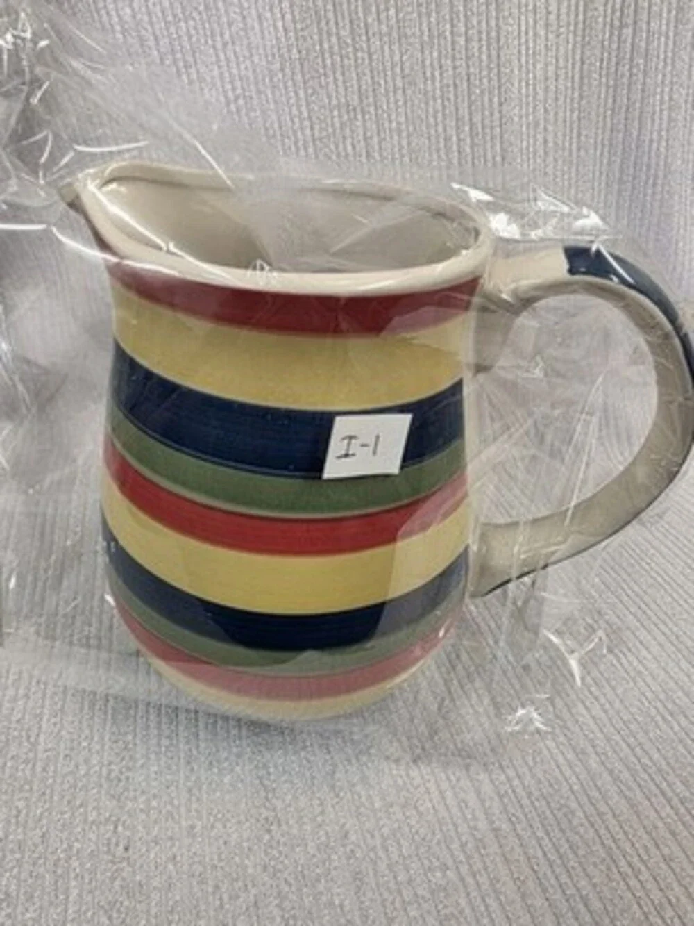 Swirl Hand Painted Collection 32 oz Striped Ceramic Pitcher w/ Blue Handle